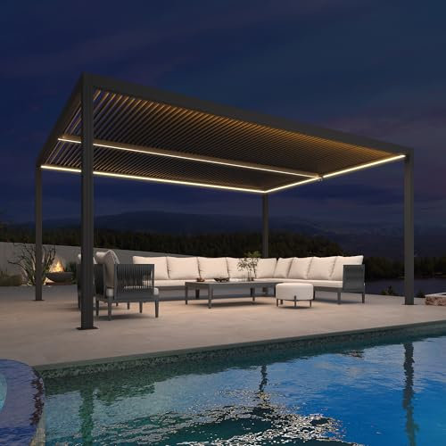 Pergola bioclimatique 4,8 x 3,68 m – Auvent de terrasse extérieur en aluminium avec lumières DEL et lattes réglables – Auvent de jardin imperméable pour terrasse et abri d'auto (gris)