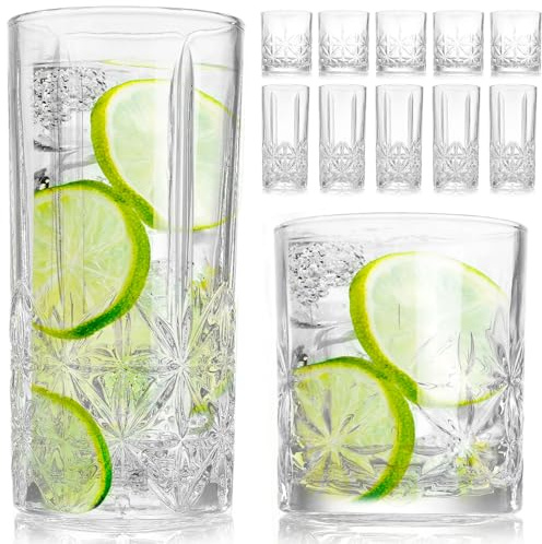 LemonRoad 12 Pcs Crystal Glass Cups Mixed Glassware Set 6 Pack 15oz Crystal Old Fashioned Highballs 6 Pack 12oz Whiskey Glasses for Cocktail Whisky Beer Soda Tea Beverages Dishwasher Safe(Star)