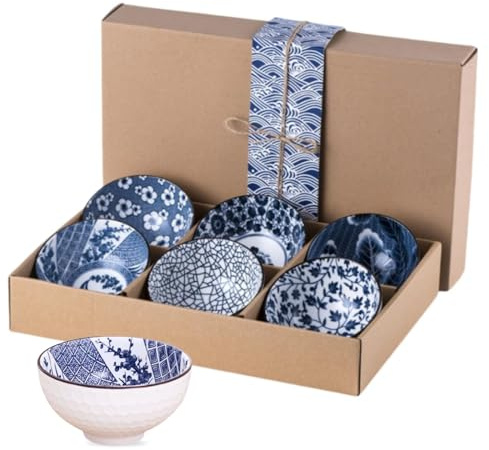 6 Pcs Japanese Style Ceramic Dipping Bowls, Rice Bowl with Gift Box Bowls Set, 300ML / 10 Ounces Porcelain Bowl, for Rice, Cereal, Dessert, Soup, Snack, Fruit, Ice Cream, Salad, oats (Blue-6Pack)