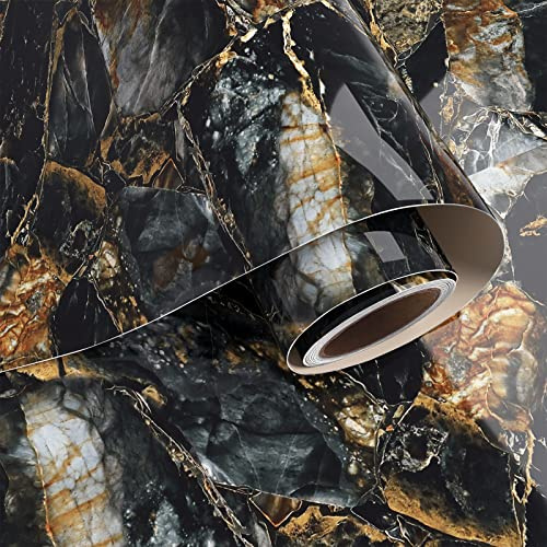 VaryPaper Svart guld marmor vinylfolie för köksbänkskiva 60 cm x 400 cm glansig marmoreffekt tapet för vardagsrum badrum vattentät klibbig baksida plast Fablon för köksskåp, hyllfoder