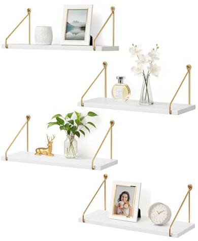 Afuly Mensole galleggianti da parete, colore oro metallizzato e bianco, mensole per bagno, cucina, camera da letto, in legno massello, stile chic, set di 4