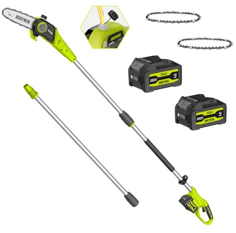 Alloyman 20V MAX Élagueur sur perche sans fil, élagueuse électrique avec tube d’extension, 2 batteries 20V 4,0 Ah et chargeur, lame de 20 cm, 4KG, vitesse de chaîne 5,5 m/s, lubrification automatique