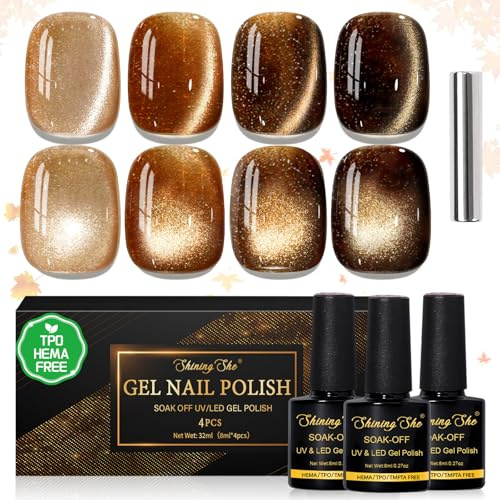 Shining She 4 * 8ml UV/LED Soak Off Magnetic Gel Nail Polish Cat Eye Brown | TPO-Free HEMA-Free, 4 colors Glitter Brown nail varnish Set Autumn Winter for Nail Art Manicure Salon DIY at Home