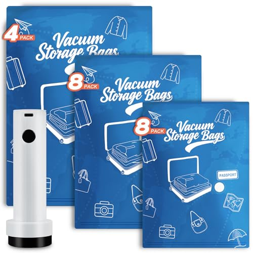 Hifree Travel Vacuum Storage Bags, with Cordless Pump, 20Pcs, S/M/L | 4L(54*74cm),8M(47*64cm),8S(40*54cm), for storage in travel suitcases, daily & seasonal clothing, durable & reusable