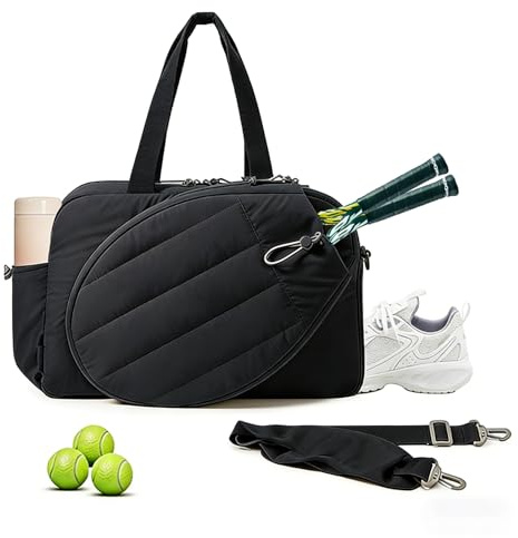 Badminton Tasche Damen 48×19×31 cm, Puffer Sporttasche Groß, Tennistasche mit Schlägerfach, Reisetasche Damen Fitness Gym Bag mit Nassfach & Schuhfach (Schwarz)