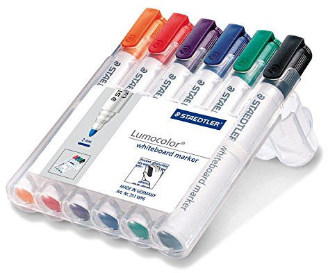 Staedtler 351 Lumocolor Whiteboardmarker, Rundspitze 2 mm, 6 Stifte in 6 Farben, aufstellbare Box/Kombi-Set (Marker + Löscher in zufälliger Farbe)