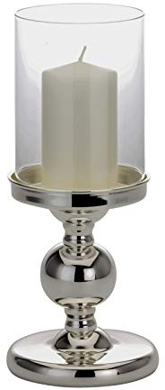 Glas-Windlicht Ø 11.5 cm innen & außen - große runde Tisch-Deko Windglas-Säule 27 cm mit Fuß - versilberter Kerzenhalter & Kerzenständer für große Stumpenkerzen zum hinstellen