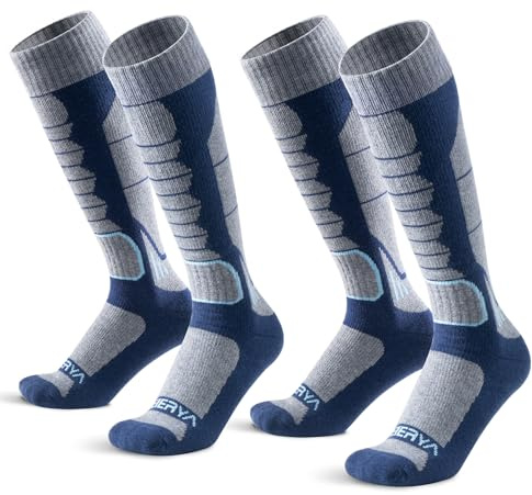 WEIERYA Calze Sci Uomo in Lana Merino - Calze da Sci per Uomo e Donna,Termiche, Antiscivolo, Ideali per Sci, Snowboard e Inverno,2 Paia,Blu,33-36