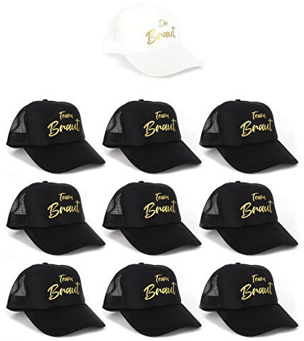 PICSonPAPER Damen Mesh Cap Weiss mit Aufdruck Die Braut und 9 Schwarze mit goldenem Aufdruck Team Braut, JGA Accessoires Frauen, Accessoires für Junggesellinnenabschied (10)