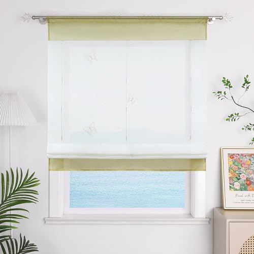 ESLIR Raffrollo Küche Raffgardine mit Tunnelzug Gardinen Transparent Bändchenrollo mit Schmetterling Bestickt Voile Sand BxH 100x140cm 1 Stück