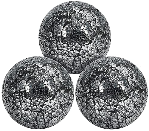 BELLE VOUS 3 Pack Decorative Crackled Glass Mirror Balls - 10cm / 4 inch Diameter - Home Sphere Ball Set - Globe Ornaments for Living/Dining Room, Decorations & Coffee Table Décor Centrepieces