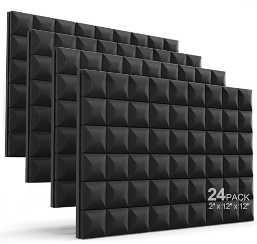 JBER 24 Stück 5.1x30.5x30.5 cm Akustikschaum-Platten, Schallschutz-Wand-Studio-Schaumstoff-Platten, Keile, Schalldämmung, akustische Behandlung, abgeschrägtes Pilz, feuerfestes Design – Schwarz