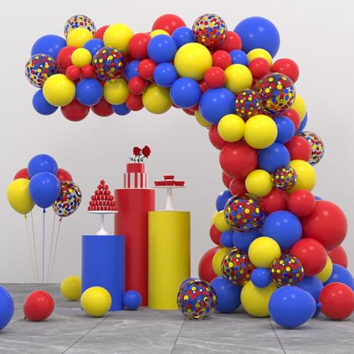 109 rot-blau-gelbe Ballongirlanden-Set, rot-gelb-blaue Konfetti-Luftballons für Cartoon-Videospiele, Babyparty, Hochzeit, Geburtstag, Abschlussfeier, Karneval, Zirkus, Partyzubehör, Dekorationen111