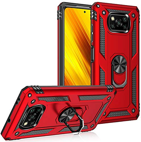 BestST Funda para Xiaomi Poco X3 Pro/Poco X3 NFC + HD Protectores de Pantalla,con Anillo Soporte 2in1 Dura PC Suave TPU Silicona Carcasa Híbrido Armadura Bumper Case Cover,Rojo