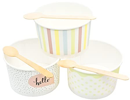 Kram (Set mit 25 Stück) 250 ml Eisbecher + Löffel, bunte Dessertschalen, Lebensmittelbehälter, Papierbehälter mit Holzlöffeln (25 Stück, mit Löffel)