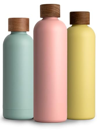 T&N rostfri dricksflaska i stål 1L, 750ml, 500ml, termosflaska med akaciaträlock, flaska 1 liter, isolerad vattenflaska läckagesäker kolsyra lämplig, isoleringsflaska 1000ml