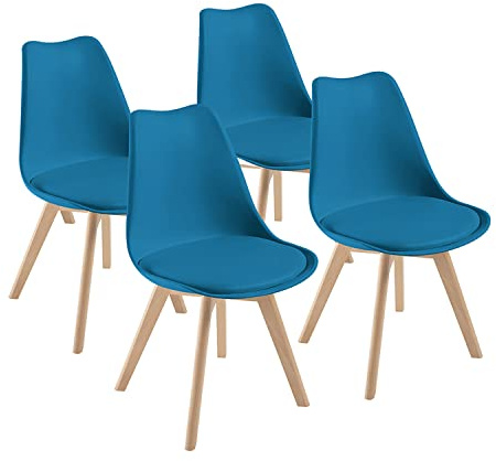 DEWINNER Esszimmerstühle, Küchenstuhl, skandinavisch, Retro mit Rückenlehne, gepolsterte Sitzfläche aus massiver Buche (Blau, 4 er Set)