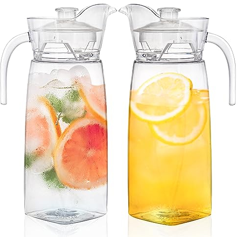 Elsjoy 2 Pack 42 Oz/1.3L Acrylic Pitcher With Lid and Spout, Clear Plastic Unbreakable Beverage Container for Fridge, Drink Pitcher for Iced Tea, Lemonade, Juice, Milk