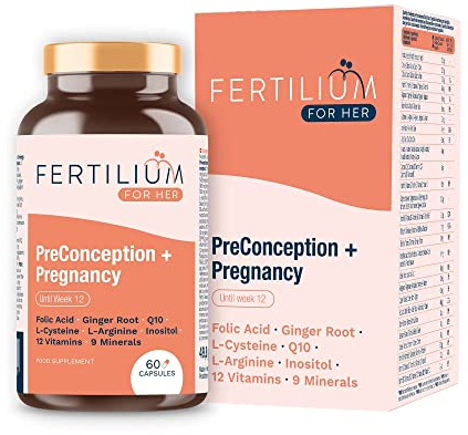 Kinderwunsch Vitamine Frauen - Folsäure für Fruchtbarkeit und Schwangerschaft - Inositol, Q10, B12 und 9 Mineralien - 60 vegetarische Kapseln FERTILIUM