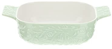 Hervit Pirofila Rettangolare in Porcellana Bianca e Verde con Roselline in Rilievo e manici - Teglia da forno lavabile lavastoviglie - 3 misure - 17x14x6cm