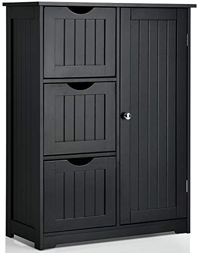 COSTWAY Bathroom Floor Cabinet, Wooden Free Standing Storage Cupboard with 3/4 Drawers, Adjustable Shelf and Door, Home Kitchen Living Room Hallway Organiser Unit (Black, 3 Drawers)