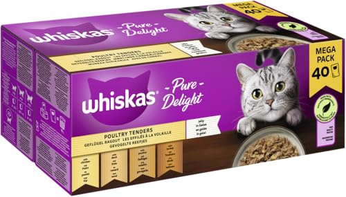 WHISKAS Adult 1+ Pure Delight Katzennassfutter Portionsbeutel Multipack Geflügel Ragout in Gelee 40 x 85g