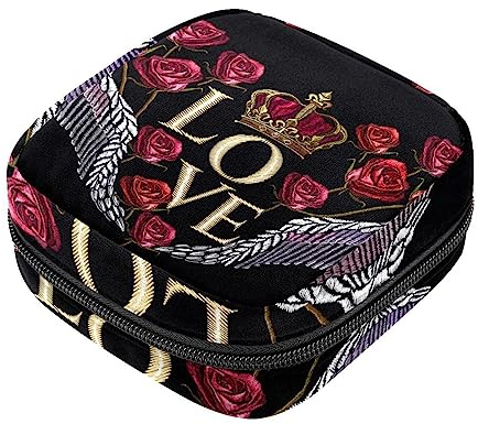 Damenbinde Aufbewahrungstasche, Feminine Produktbeutel Tragbare Periode Kit Tasche für Mädchen Frauen Damen Liebe Flügel Krone Rose, Mehrfarbig, 4.7x6.6x6.6 in/12x17x17 cm