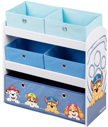 roba Étagère pour Jouets Enfant en Bois Paw Patrol - 5 Boîtes en Tissu Amovibles - Motif Chiens - Meuble de Rangement pour Jouets et Livres - 64 x 30 x 60 cm - Bleu/Gris