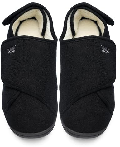 Happy Touch Mens Extra Wide Width Diabetic Slippers Memory Foam With Adjustable Soft Non-Slip Orthopedic House Shoes for Elderly Swollen Feet, Arthritis, Edema, (Blacl/White, 10)