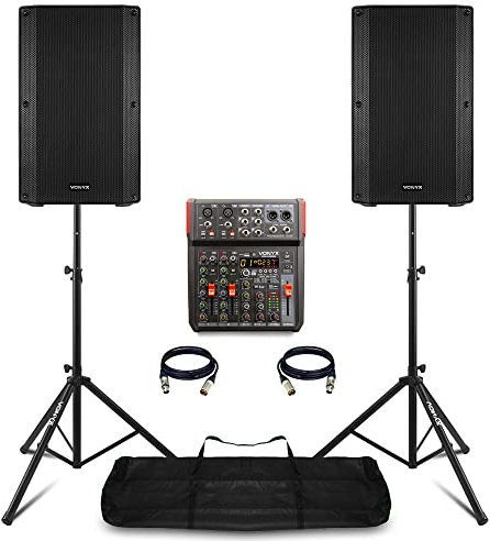 VONYX VSA12 Active PA System for Singers & Vocalists - 1600W with 6-Channel VM-KG06 Mixer, Bluetooth, DSP Effects, USB Interface & Speaker Stands