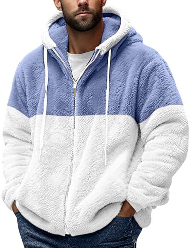 Azruma Y2K Zip Up Hoodie Jacken Für Jungen College Jacke Männer Warm Teddy Fleece Patchwork Reißverschluss Plüschjacke Mit Kapuze Herren Jacken Winter Jacke Winter (Blau,XL)