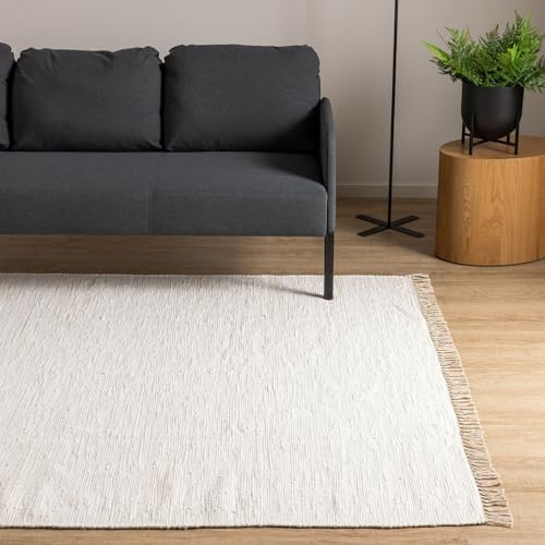 Interiyou Toledo Teppich aus Baumwolle - 60x100 cm Weiß - Handgewebter Teppich mit Fransen für Wohnzimmer, Schlafzimmer, Kinderzimmer, Esszimmer, Küche oder Flur