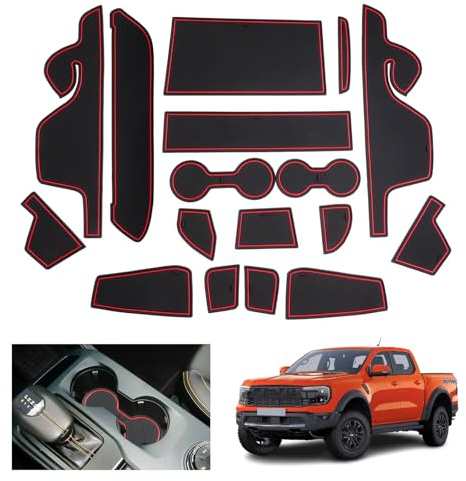 GAFAT Kompatibel med nya Ford Ranger T9 2023 2024 2025 (elektronisk broms) halkfria mattor, Ranger Raptor Wildtrak, gummimattor, halkfria, mittkonsol, dörrsöm, Ranger 2024 tillbehör (röd)
