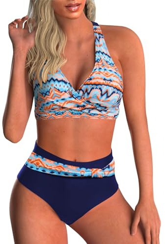 Adigaber tvådelad dam baddräkt med vadderade push up kupor, justerbar bikini med blommigt tryck, L