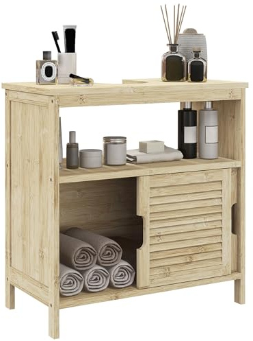 HOMCOM Mobile da bagno Bamboo, Mobile da bagno con 2 ante scorrevoli, 60 x 30 x 60 cm, Legno naturale