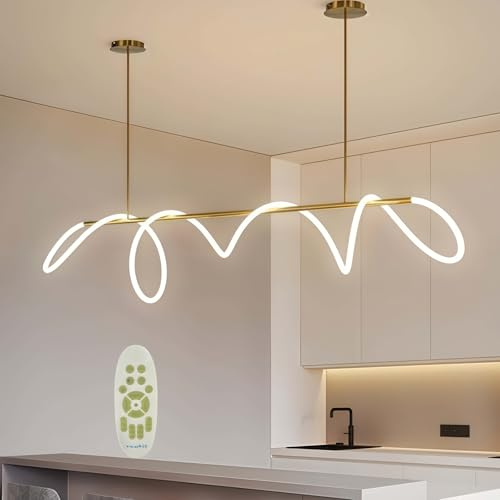 Diossad Led Pendelleuchten Esstisch Dimmbar,Pendant Light Fixtures Mit Fernbedienung,Moderne Linear Design HäNgeleuchte,Esstischlampe HäNgend HöHenverstellbar FüR küche (Golden, L 150cm)