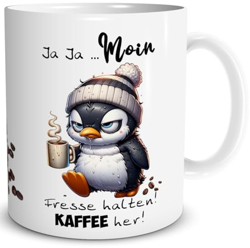 TRIOSK Tasse Morgenmuffel Pinguin lustig mit Spruch Moin Fresse halten Kaffee her Spaß Kaffeemotiv Geschenk für Kaffeeliebhaber Frauen Männer Pinguinliebhaber Weiß, Keramik 300ml