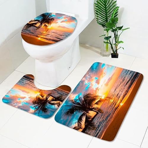 Badezimmerteppich Sunset Orange Tree WC Vorleger mit Ausschnitt WC Deckelbezug 3 Teiliges WC Teppich rutschfeste Badgarnitur U förmiger Badematte Waschbar Bad Teppiche Set 45x75 cm