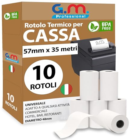 GM 10 Rotolini Cassa Omologati 57mm x 35 Metri - Termica Fiscale BPA FREE - Carta Termica per Scontrini - Rotoli Termici 57x30 57x35-1 Confezione da 10 Rotolini Cassa - Registratore di Cassa Fiscale