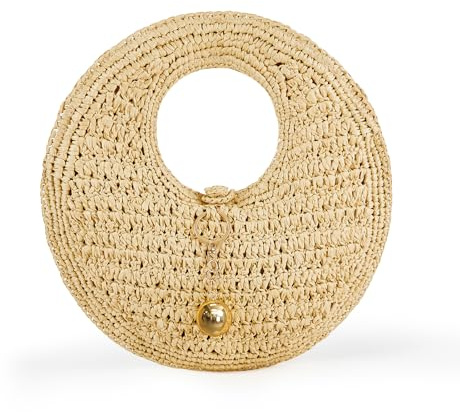 PHILOMENA Woven Straw Beach Bag for Women Handmade Raffia Circle Bag, Summer Boho Chic Tote Purse Handbag Small Round Purse (khaki)