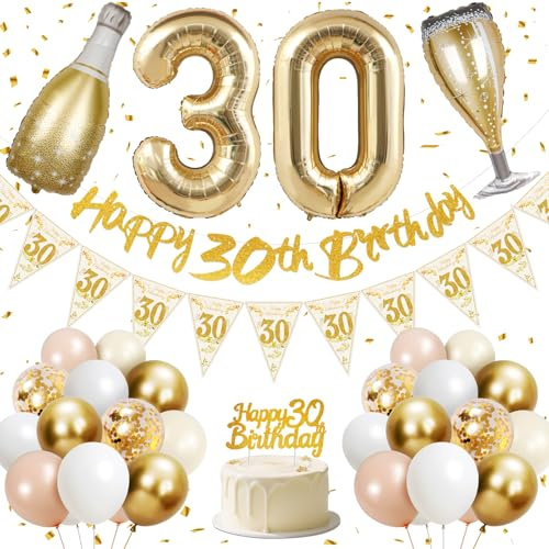 Deko 30 Geburtstag Frau, 30 Geburtstag Frauen, Happy 30th Birthday Banner, 40 Zoll 30 Folienballons, Champagner Flasche und Glas Folienballons, Gold, Rosa, Weiß, Konfetti Luftballons, Kuchentopper