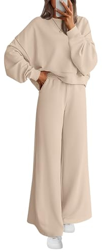 PRETTYGARDEN 2-teiliges Damen-Outfit 2025 Herbst-Sweatsuits, Rundhalsausschnitt, Sweatshirt mit weitem Bein, Lounge-Sets, Trainingsanzug, Beige, S