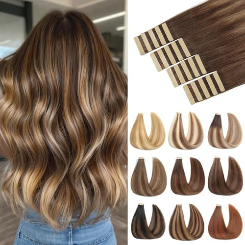 ShowJarlly Tape Extensions Echthaar 20pcs Extensions Echthaar 50cm Schokoladenbraun mit Karamellblond Echthaar Extensions Tape Invisible Tape in Extension Echthaar Skin Weft Tape 50g(20inch,4/4/27#)
