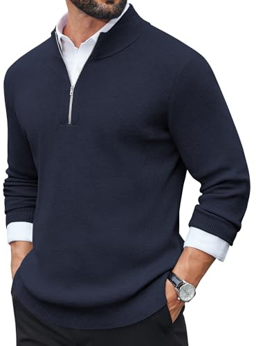 COOFANDY Jersey Hombre de Tejido Fino Cuello Alto Media Cremallera Manga Larga Suéter para Invierno Jersey de Trabajo Marino Azul L