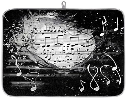 Retro Style Music Notes Absorbent Dish Drying Mat for Kitchen Counter, Reversible Microfiber Dish Drying Pad with Hanging Loop for Glassware Utensils Pots 18x24 in