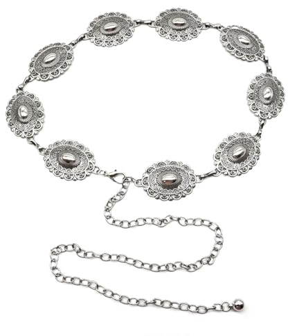 Silver Chain Belt,Waist Belts Metal Adjustable Womens Daisy Chains Women's Vintage Boho Belly Body Chunky Concho Jewellery Buckle Large Accessories,for Dress Jeans Western Cowgirl Women Cosplay Pirate