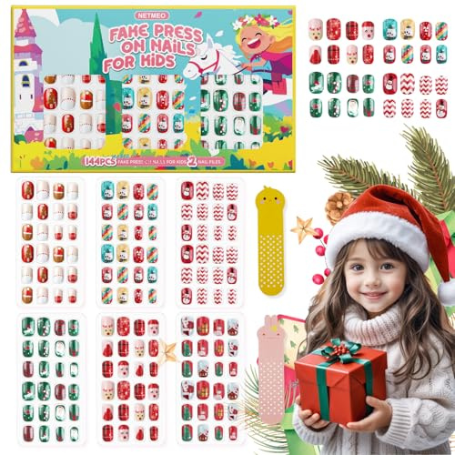 144 Pcs Ongles Faux de Noël pour Enfants Filles - Courts, Pré-collés, Couverture Complète, Kit d'Ongles Acrylique Auto-Agréables, Cadeau & Décoration Art des Ongles (Noël)