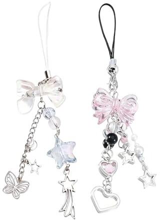 Cute Handyanhänger, 2 Stück süße Anhänger mit Herz- und Blau-Schleife, Bag Charms, Phone Chain, Rucksack Anhänger, Phone Charm, Taschenanhänger, Handy Accessoires, anhänger für Handy, Schlüsselanhänge
