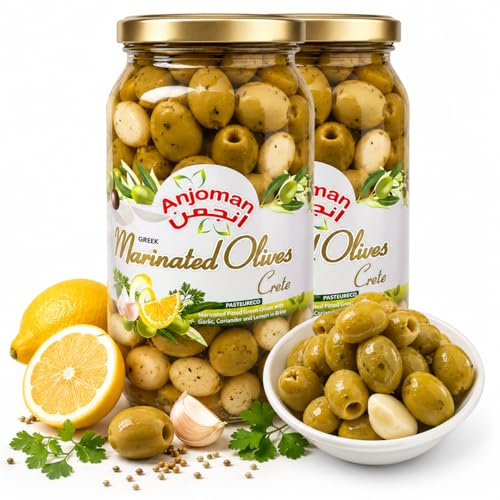 ANJOMAN Marinated Olives Crete Pack of 2 x 1L | Pitted Green Olives with Zesty Lemon, Coriander & Garlic Brine | Greek Mediterranean Table Olives