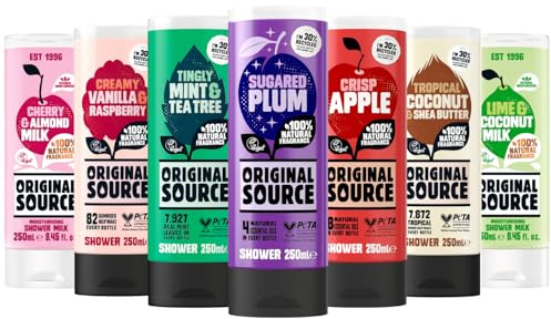 Original Source Body Wash Gift Set 7 x 250ml Shower Gel Bundle | Cherry & Almond, Coconut & Shea Butter, Crisp Apple, Lime & Coconut, Mint & Tea Tree, Sugared Plum, Vanilla & Raspberry